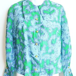 70s GORGEOUS Linen Green and Purple Paisley Top